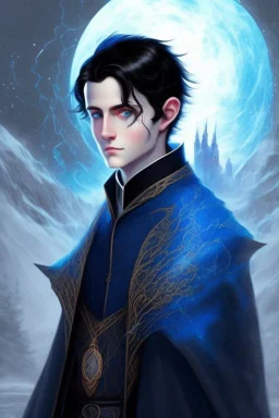 young black haired blue eyed wizard in the style of beresford egan