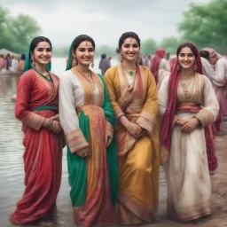 Hyper Realistic Traditional Pushto girls & women smiling & wearing traditional desi outfit at cloudy weather riverside with lots of other people