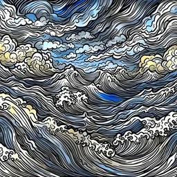 Image of a stormy sea, magical sky, lineart, watercolour