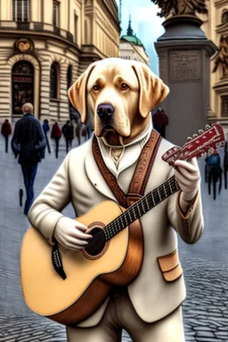 One single mature labrador, historic clothes, playing guitar in the street , Vienna, friendly, model style, hyper realistic, extremely accurate, delicate, extremely detailed, Graphic novel style, wide-angle, open aperture, superfine pencil