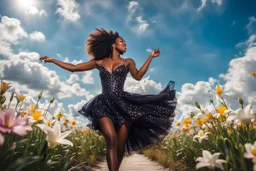 The camera zooms in, focusing sharply on very beautiful black girl with make up Lily wearing pretty dress as she dances gracefully in the same romantic environment with flowers and sky with nice clouds. Her joy and youth are presented against the backdrop of the surreal surroundings.