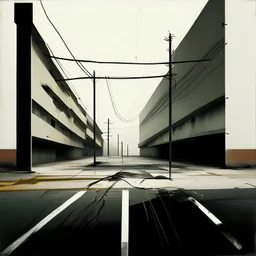 Minimal contemporary abstract oil paintings of desolate 1960s carpark with road markings and concrete fragments. Lone figure. Overlay with grungy typography graphics. style of Justin Mortimer and Francis Bacon.