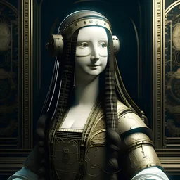 monalisa intricate details, futuristic outfit, gorgeous, weird, serious with VR Glasses which is a plan for the design of a computer in the style of Leonardo Da Vinci
