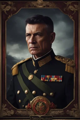 portrait of a 50 year old military commander. Cruel expression, dark crew cut hair, dark fantasy