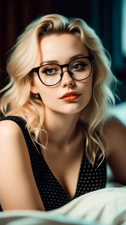 beauty girl in a swimsuit, girl, blond hair, glasses, choker, bedroom, bed, lies,30 years old