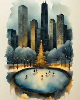 imagine an Art Deco style watercolor painting with gold foil applied to buildings. image of a Winter Park with a frozen pond, a Christmas tree, ice skaters, in foreground. background shows a cityscape with dark blue buildings accents with gold foil and One building is entirely gold foil. Christmas vibes, festive, elegant styling. MY PROMPT ABOVE. I used Microsoft Designer to create these images. I love how they turned out!