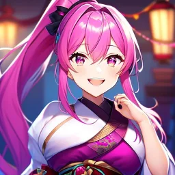 girl, masterpiece, best quality, volumetric lighting, detailed outfit, perfect eyes, long hair, fuchsia hair, fuchsia eyes, laughing, obi, ponytail,