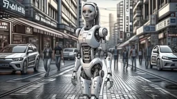 female robot, in a street, shops, cars, people