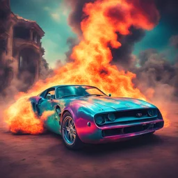 An old supercar burning in all colors with a fantasy background