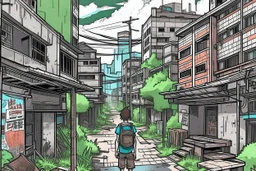 TLOU Town but as a coloured manga style, no characters just city landscape. in the style of Tatsuki Fujimoto