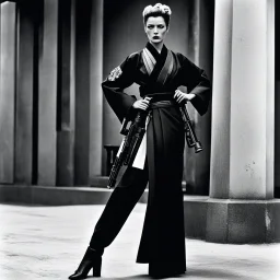 [photo by helmut newton] The guardian stands tall, Kimono turned combat gear, Beauty wields power. A weapon in each hand: Skillful hands at work,Firearm and blade in balance, Enforcer's resolve. Her strength emanates, Ancient grace meets modern might, she attacks