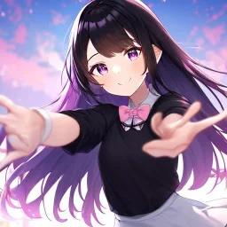 Clear focus,High resolution, Black long fluffy hair, and purple eyes, Teen, Sassy, black shirt, white collar pink bow, white short skirt, cute, smile, hands out, reaching out to you