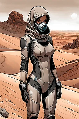 create a fine art print full body illustration of a rugged Fremen female in a stillsuit with breathing mask, catchpockets, stillsuit hood and gloves, of muted blacks, greys, and browns with highly detailed feminine facial features, traversing a a rocky outcrop amidst the desert sands of Arrakis, dusty, gritty, in the comic book art style of Bill Sienkiewicz, and Jean Giraud Moebius, finely textured, drawn, colored, and inked,