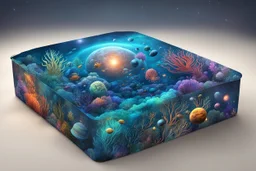 hyperrealistic, 4k, box for storing things with beautiful drawings a lot of colours, very detailed, subnautica, sea plants, planets space, galaxies,