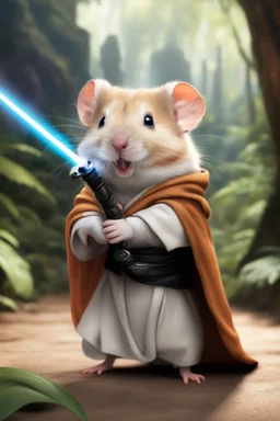[photo realistic] a hamster standing with a Jedi cape and a Lightsaber, using the force, jungle in the background