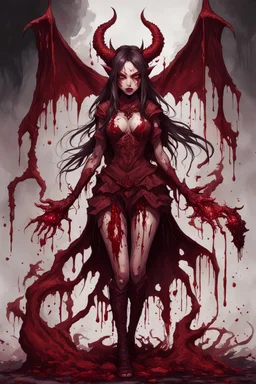 Demon girl wizard in front, fullbody, behind blood guts rising from the ground, darkred tones,