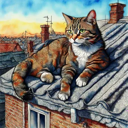 Golden ratio, ultra detailed watercolor painting, wet on wet painting, soft edges beautiful (((Masterpiece))) Create an image of a calico cat partially submerged in water, with its face and upper neck visible just above the surface. The cat has distinct patches of orange, black, and white fur, giving it a vibrant and colorful appearance. Its eyes are large and expressive, with a bright green hue that reflects the light filtering through the water. The background is a rich und