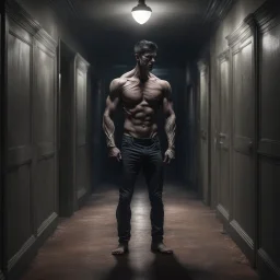 Hyper Realistic muscular headless man & standing in a haunted hallway at night