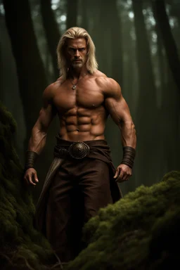 Tall, very muscular man, heavy set, aged 35 with light shaggy hair which falls around his shoulders, blonde neatly trimmed beard, bare chested, photorealistic, dark fantasy, forest.