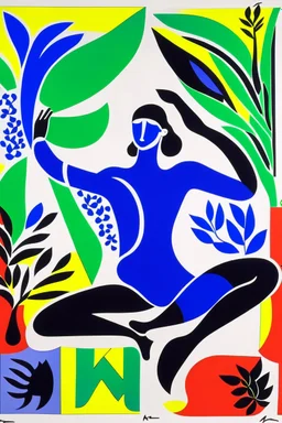 A contemporary serigraphy by Matisse of a person doing yoga positions.