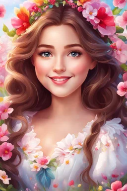 Adorable digital painting of a beautiful young girl fully dressed in gorgeous spring petals, portrait of Belle, magical wreaths, front view, beautiful smile, long brown hair, big eyes, beautiful face, rosy cheeks , red lips, Belle's face, digital art, surrounded by colorful spring flowers, beautiful scenery in the background, romantic style, magical world, high quality, 4k