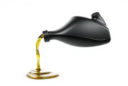 whole bottle(black plastic, 1 liter, generic motor oil) floating in middle of image, on it's side pouring(oil) out of the opening. white background, Smooth vector