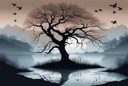 Illustration of a lonely dark tree with barren branches stands on a water's edge, reflected in the water, fog, crows on the sky, mystical landscape, sinister mood, line art