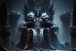 amo de la noche warhammer 40k con su armadura enorme sentado en un trono con cadenas y pieles de personas y piel blanca