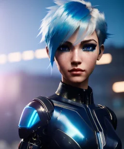 Cyborg anime warrior, light blue hair, pixie hairstyle, cobalt eyes, waist up portrait, 8k resolution, intricate details, ornate details, soft lighting, vibrant colors, retroanime, masterpiece, intricate eyeliner, dark eyeshadow, eyes, intricate tattoos, futuristic cityscape background