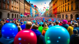 Colorful crowd of people with Christmas decorations and text "FELIZ 2025" with blurred background of a historic European city