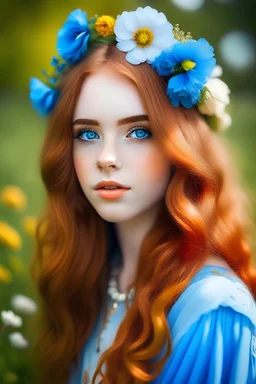 giant with beautiful hair down to her feet, blue eyes like flowers, soft skin, skinny, bright clothes, flower head band