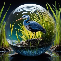 Prompt: A hyperdetailed photorealistic macro image of a glass sphere with a miniature eco system inside. The eco system is that of a coastal wetlands, with water, reeds, a snowy egret, redwing blackbirds, and a muskrat. Place a turtle under the water. Place the glass sphere on a wetlands mud bank with a neutral gray background.