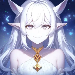 cosmic mage, elf, female, cosmic magic, long ears, white hair, face details, pale skin, jewellery, broad shoulders, sharp ears, cosmic clothes, cosmic eyes, ears shown, the cosmos in eyes, shining eyes, thin face, detailed ears, magical eyes, closed mouth, make up, smiling face, happy face, pointy ears