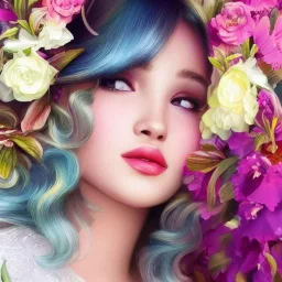 Dove Cameron's highly detailed flawless unmarked unblemished beautiful face, meticulously detailed multi-hued hair; digital painting, artstation, smooth, sharp focus, colorful illustration, art by Lisa Frank, artgerm, Greg Rutkowski, Alphonse Mucha and William-Adolphe Bouguereau, Unreal Engine 5