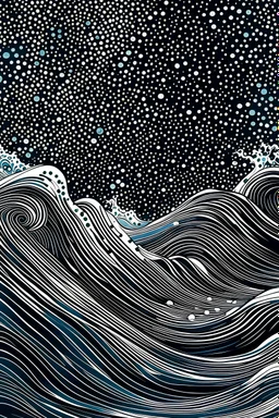 The illustration depicts a seamless wave pattern stretching across the page. Waves of varying sizes and shapes overlap and cascade downwards, creating a dynamic and fluid composition. The waves transition from darker shades of black at the bottom to lighter shades towards the top, mimicking the depth and movement of the ocean. Small details like foam and bubbles can be found within the waves, adding depth and realism to the scene.