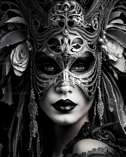 Beautiful faced venetian masqued woman portrait adorned wit carnival of venice style costume adorned with Venetian headdress Black ad wite and silver colour metallic filigree floral embossed qth mineral stones ribbed, masquerade background bokeh