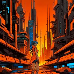 cyberpunk retro futuristic for comics from far away in orange