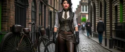 full-height portrait of a woman with straight shoulder-length black hair, with metal arms and legs, dressed in leather trousers, and a waistcoat, in a Victorian street next to a steampunk bike