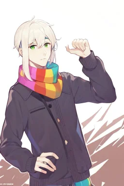 Anime style, Make the art more realistic in the anime version, man, Green eyes, Wearing a colorful scarf around your neck, His hand on the right is referencing himself