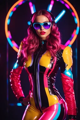 Beautiful woman,fashion style,latex suit,good body, headphone with sunglasses colorsfull ,background neon light