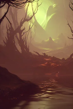 dynamic lighting, Intricately detailed, Splash screen art, deep color, Unreal Engine, volumetric lighting, dark fantasy artwork, dark swamp artwork, fantasy swamp artwork, cottage, night,