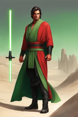 Full Muscular Body, Male Tan Human, Sith Empire, Red Bandage Blindfold. Green and Black Robes, Red Lightsaber, HD