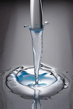 in focus, a jet of water flows into a spoon and splashes everywhere in a sink tray