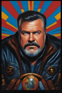 58-year-old Scott Alan Kendall with crew-cut dark brown hair tapered on the sides, gray goatee, blue eyes, overweight, wearing a leather jacket - pitch black background with an overhead spotlight effect, extremely colorful, oil painting by frank frazetta