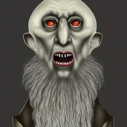 Nosferatu with four yellow eyes with fleshy tentacle beard grey skin and vampire fangs as a Russian Orthodox bishop