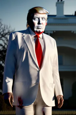 Ultra realistic image, Donald trump zombie, zombie performance, suit, skull, blood, torn arm, night, walking twisted, waist up view, thriller style, dark ambient, highly detailed, White House background, concept art, unreal engine 5, ray tracing, RTX, ultra detail, volumetric lighting, high definition, high resolution.