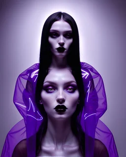 Picture by koson ohara and marta bevacqua, portrait of a beautiful goth woman with long black hair, wearing a plastic raincoat, purple neon lighting, 8k, high quality, highly detailed