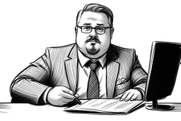 chubby russian man sitting at desk, portrait, speech, nametag, glasses, goatee, short hair, mustache, suit; caricature style, sketch art; black and white; grayscale, pencil drawing