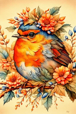 This enchanting, extremely detailed watercolor features a 3/4 closeup portrait of a vibrant Robin, adorned with flowers and a foliage crown, setting on a branch against a heavily textured beige background. nature and whimsy in a botanical style. The piece boasts warm orange and cool blue hues. .