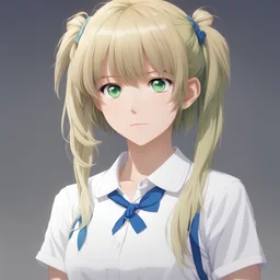 anime, 1 girl, blond hair, green eyes, shoulder length hair, very short bunches, white polo shirt, blue skirt, 3 bangs on forehead, hairties